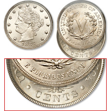 [photo: Because the word CENTS was omitted on the reverse, some 1883 Liberty Head nickels were gold plated and passed off as $5 gold coins.]