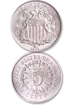 [photo: The short-lived Shield nickels With Rays (above) were replaced during 1867 by the Without Rays variety.]