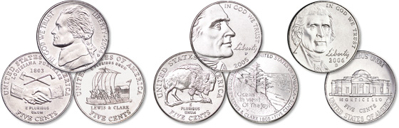 [photo: The Westward Journey nickel series comemmorated the bicentennial of Lewis and Clark's expedition, authorized by President Jefferson. Left to right: the 2004, 2005 and 2006 designs.]