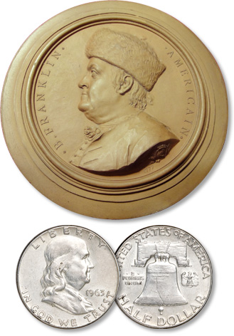Ben Franklin medallion and Franklin half dollar