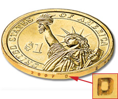 Presidential Dollar; mint mark location is on the edge.