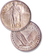This later Standing Liberty quarter design replaced the earlier controversial depiction of Liberty.