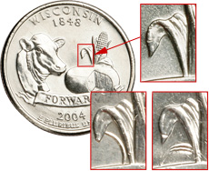 Wisconsin quarter design, with High Leaf and Low Leaf errors below.