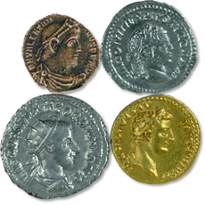 [photo: Gold aureus of Nero; silver antoninianus of Valerian I; bronze coin of Constantine the Great]