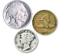 [photo: Buffalo Nickel, Flying Eagle Cent and Mercury Dime]