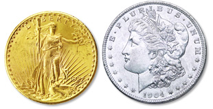 [photo: America's most popular silver and gold coins, the Morgan Silver Dollar of 1878-1921 and the Saint‑Gaudens $20 Gold Double Eagle of 1907-1933]