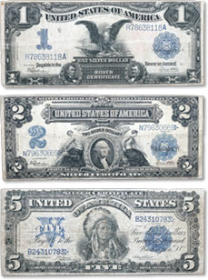 [photo: Type set of Series 1899 $1, $2 and $5 Silver Certificates]